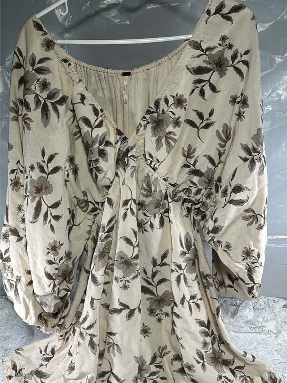 Free People Cream Floral Deep V Empire-Waist Mini Dress